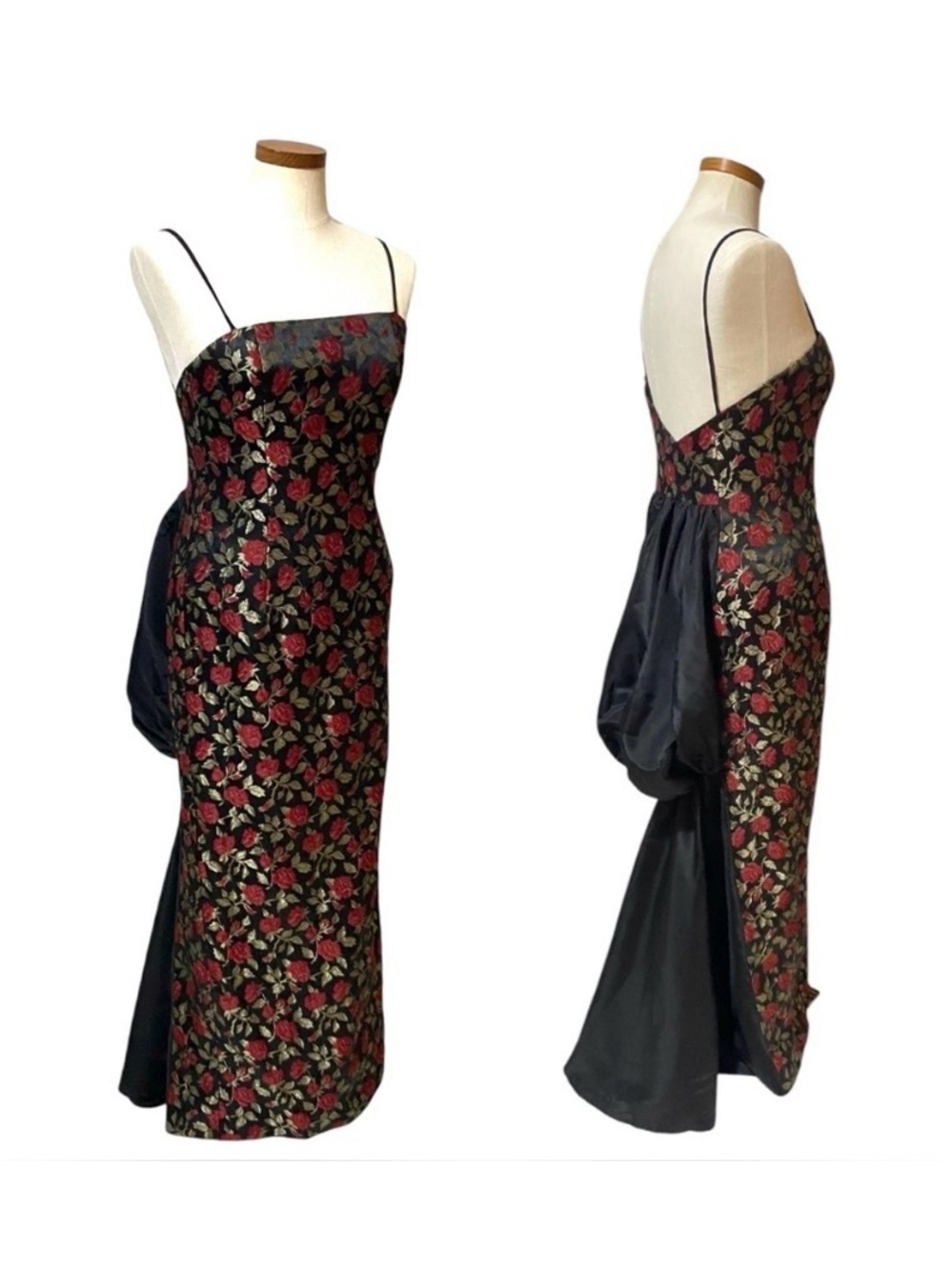 Vintage Jessica McClintock Gunne Sax Black Rose Brocade Formal Dress Juniors 3/4